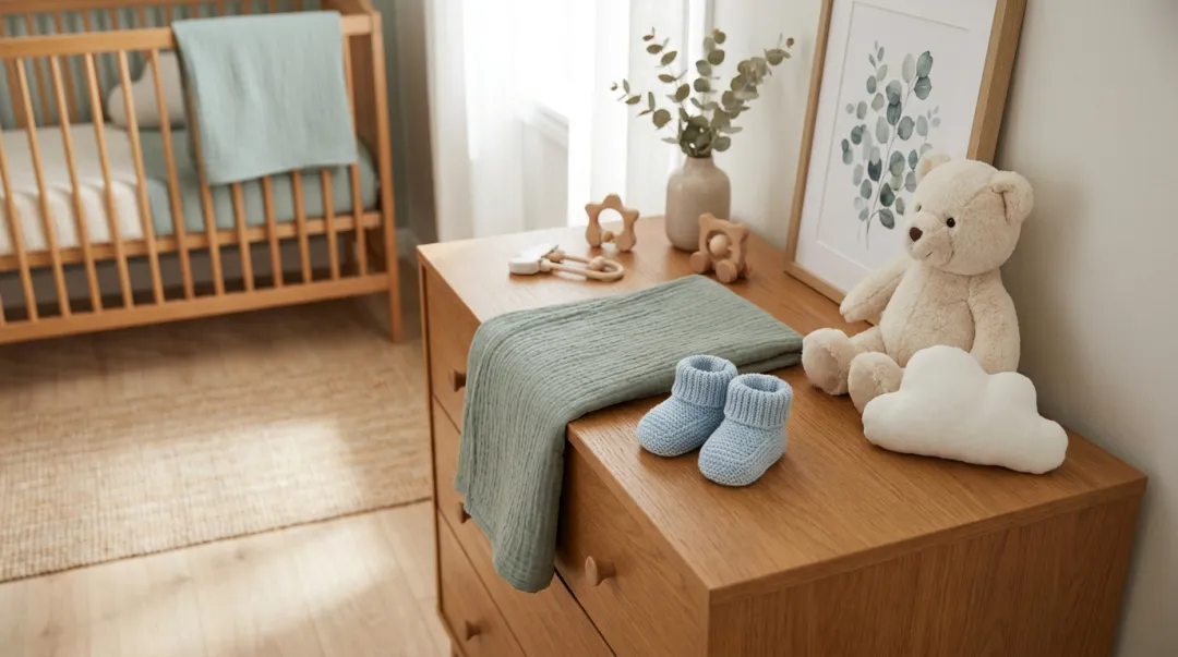 Cantinho de quarto de bebê menino em tons de azul e verde-sálvia, com sapatinhos e mantinha