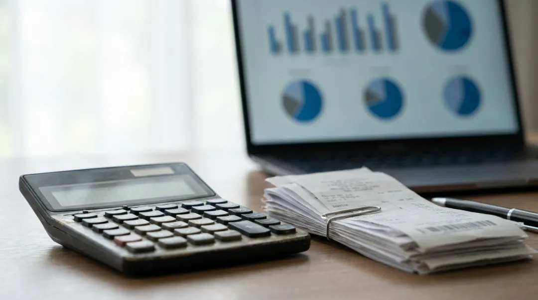 Calculadora, recibos organizados e laptop com gráfico de custos sobre a mesa