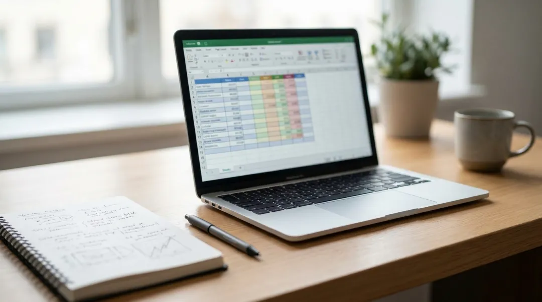 Planilha de orçamento de eventos aberta no laptop com categorias e colunas de custos