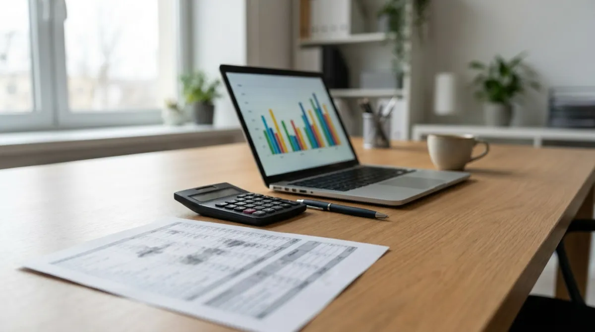 Mesa de escritório com planilha de orçamento de eventos, calculadora e laptop