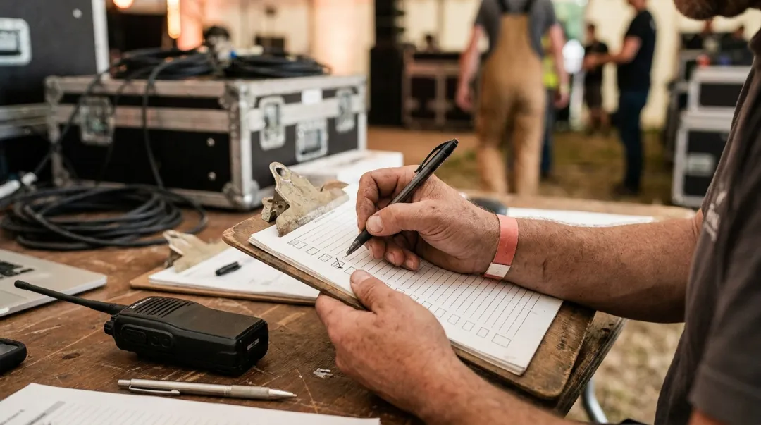 Mãos preenchendo um checklist de organização de evento sobre a mesa