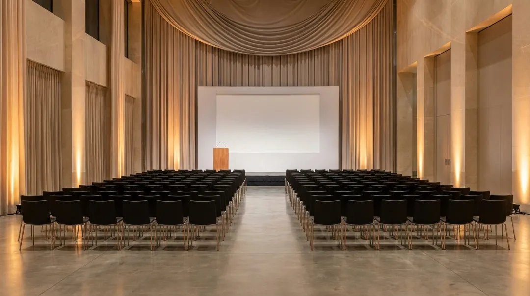 Profissional organizando o espaço de um evento corporativo montado com palco e cadeiras