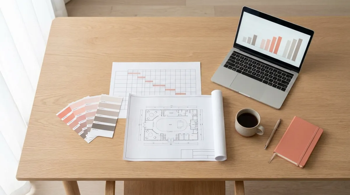 Mesa de planejamento de organização de eventos com cronograma, checklist e laptop