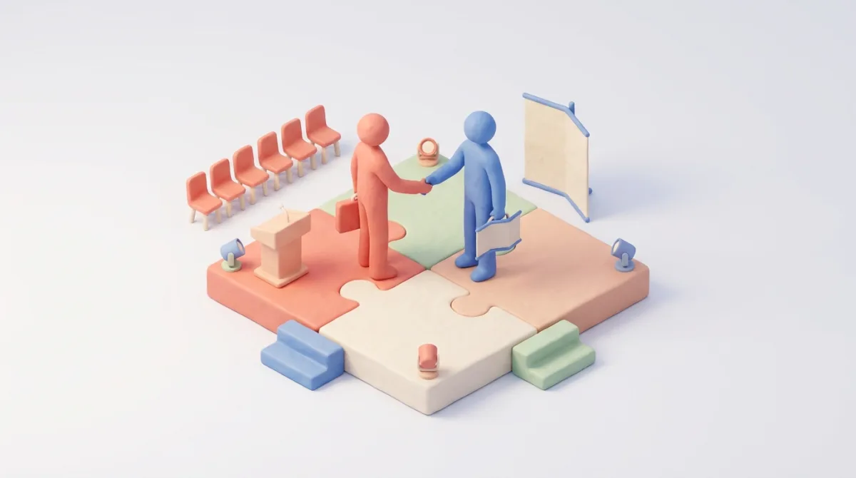 Ilustração isométrica 3D de dois organizadores apertando as mãos enquanto montam juntos a estrutura de um evento