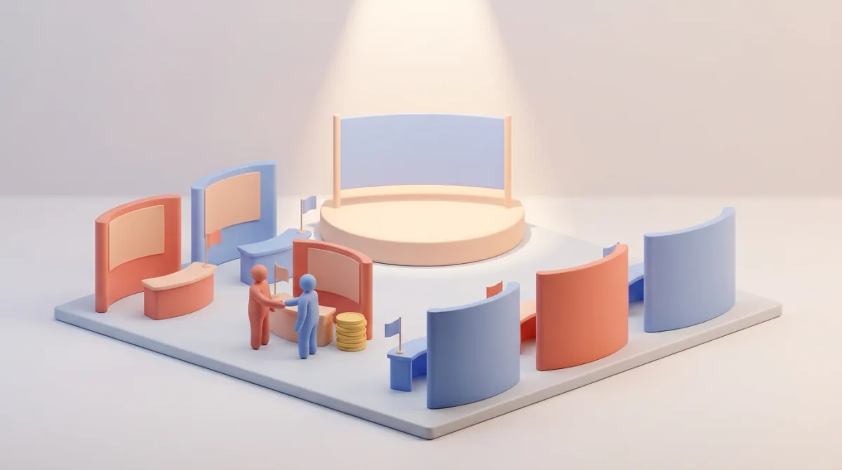 Ilustração isométrica 3D de um evento com estandes de patrocínio ao redor do palco e um acordo sendo fechado em um booth