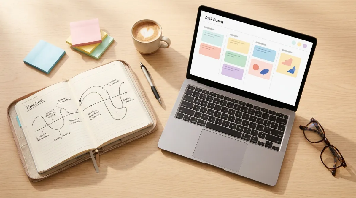 Mesa de planejamento de eventos com cronograma, post-its e laptop