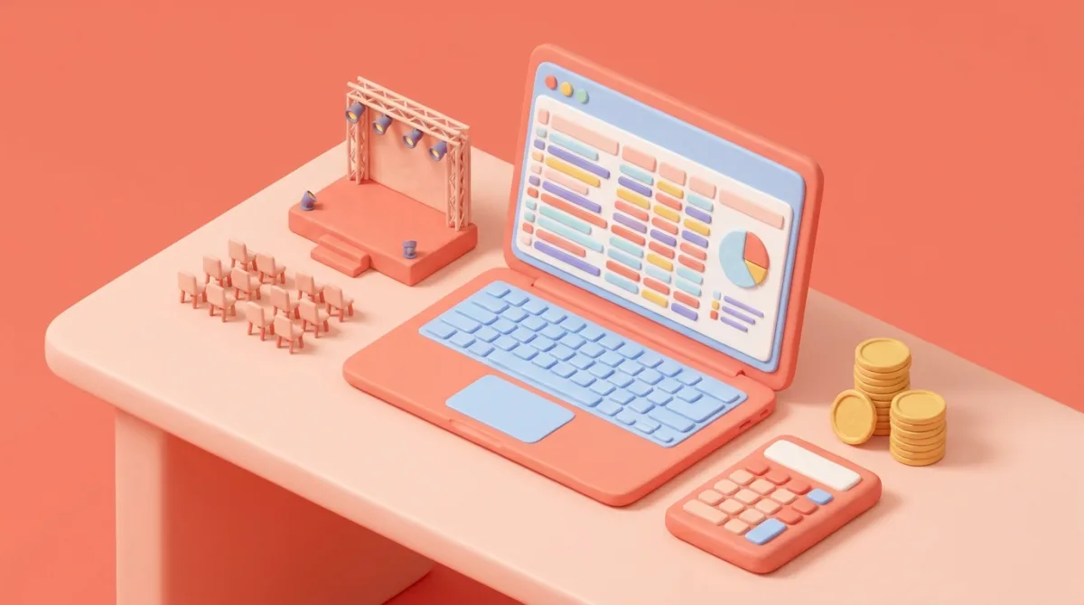 Ilustração isométrica 3D de um laptop com planilha de orçamento de evento ao lado de calculadora, moedas e uma miniatura do palco