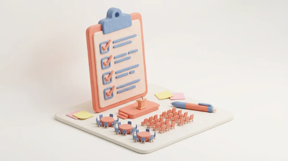 Ilustração isométrica 3D de uma prancheta com checklist de organização sobre um salão de evento em miniatura