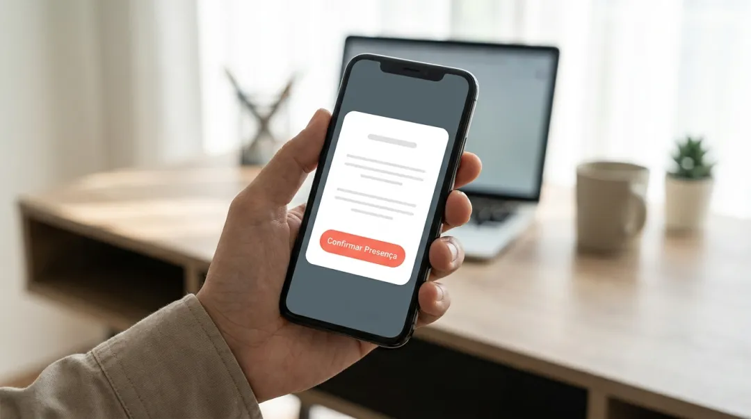 Celular exibindo um convite digital com botão de confirmar presença sobre uma mesa de trabalho