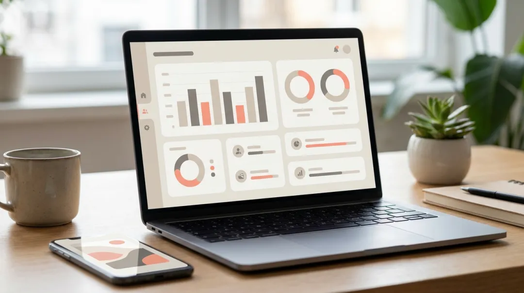 Laptop exibindo um dashboard de gestão de evento ao lado de um celular com convite digital