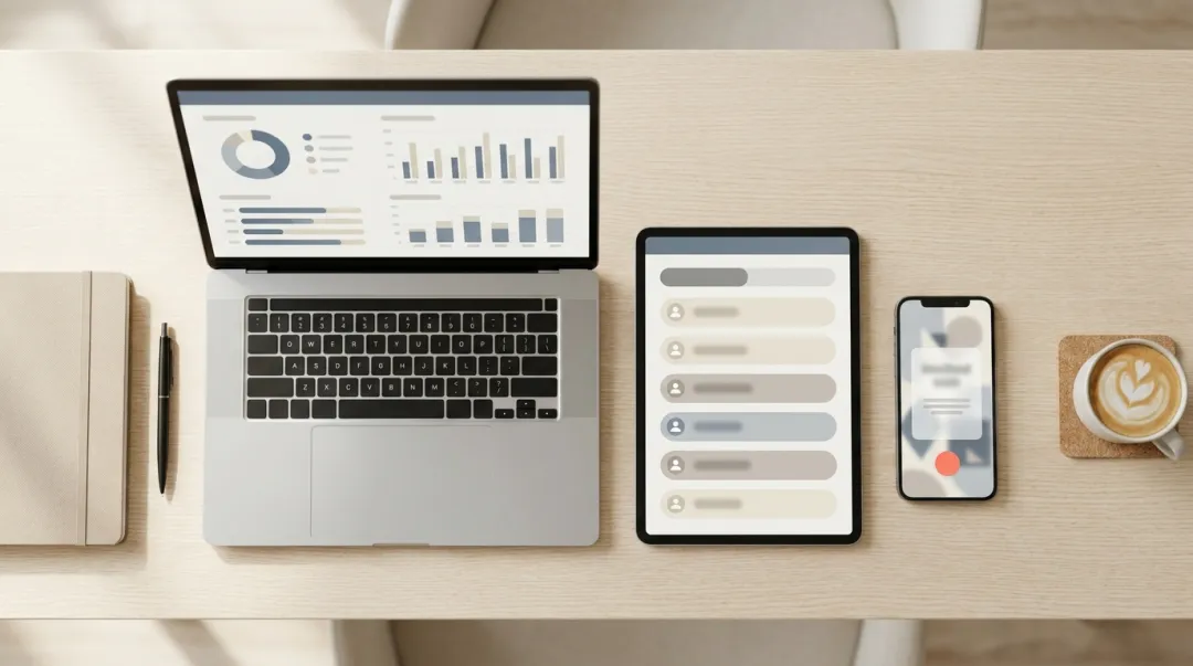 Mesa de trabalho moderna com laptop, tablet e celular mostrando recursos de gestão de evento