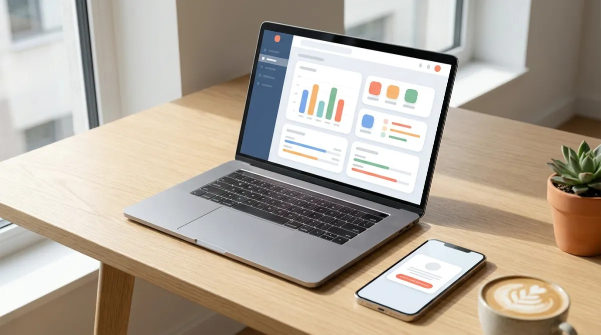 Laptop e celular mostrando um dashboard de gestão de evento e um convite digital