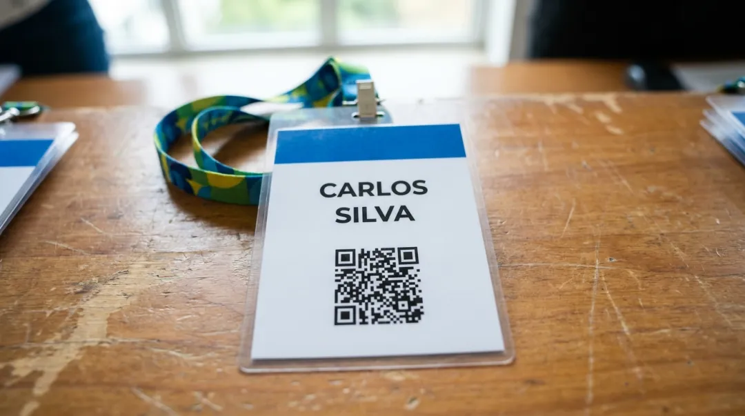 QR code impresso em um crachá de evento com cordão sobre o balcão