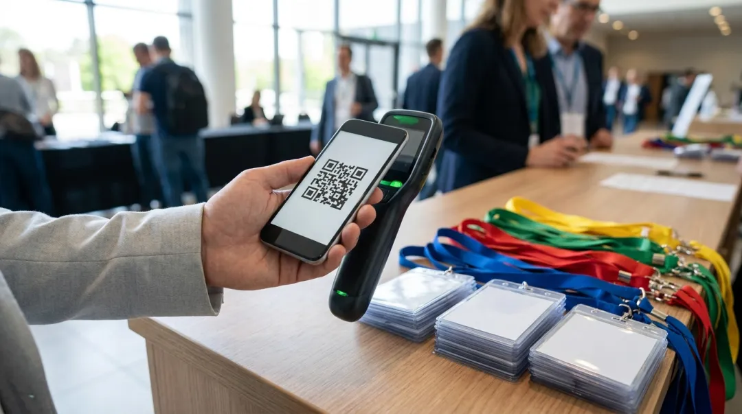 Mão aproximando um smartphone com QR code de um leitor no balcão de credenciamento