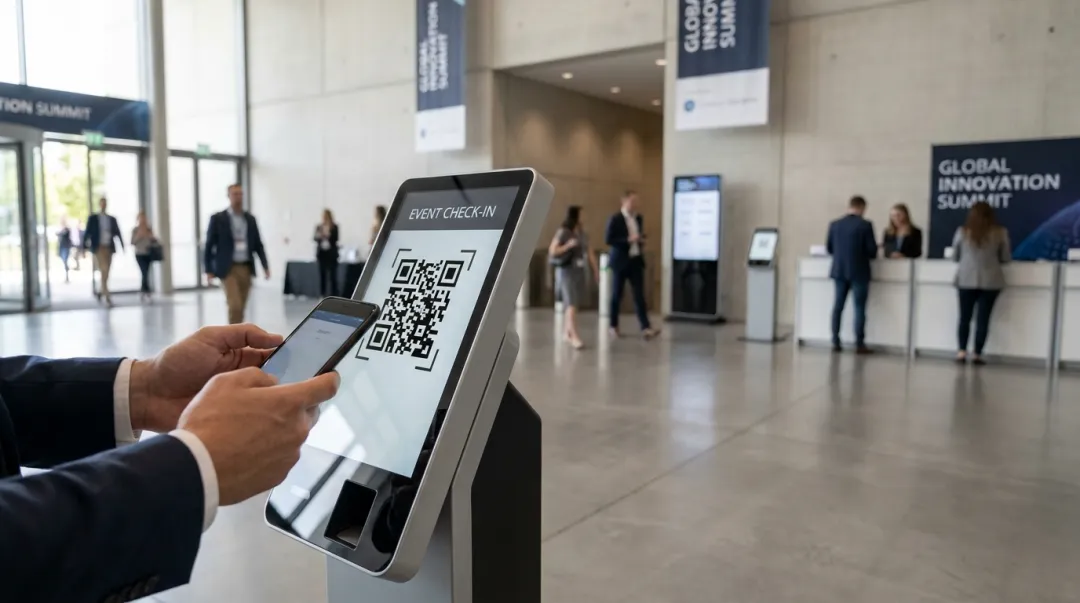 Smartphone lendo um QR code em um totem de autoatendimento na entrada de um evento