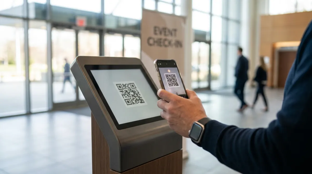 Smartphone lendo um QR code em um totem de entrada de evento corporativo