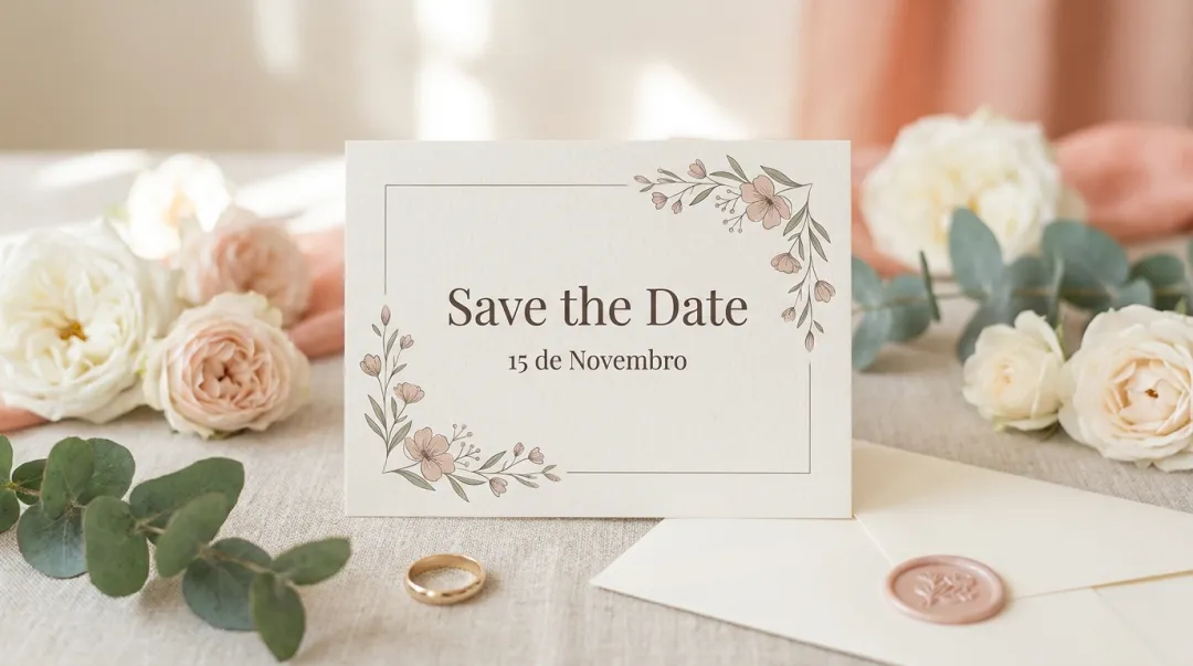 Cartão de Save the Date elegante de casamento sobre uma mesa decorada com flores e anel