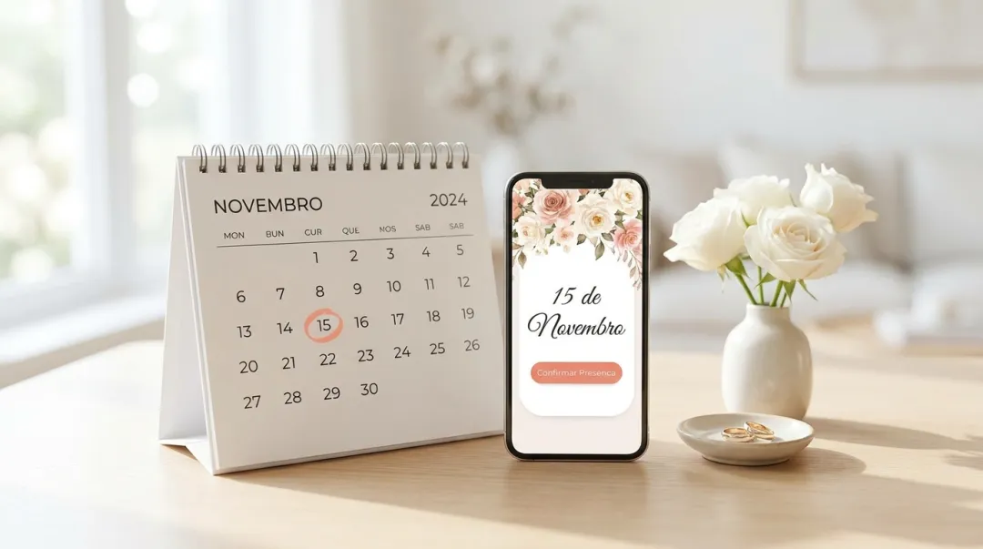 Calendário com uma data circulada ao lado do celular mostrando um Save the Date de casamento