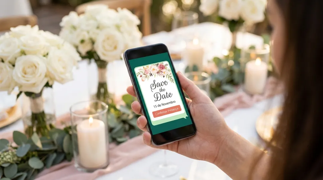 Celular exibindo um Save the Date de casamento sendo compartilhado pelo WhatsApp ao lado de decoração elegante