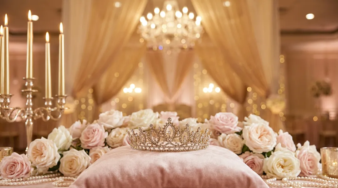 Decoração de festa de 15 anos com tema princesa e realeza: tiara dourada, rosas e velas