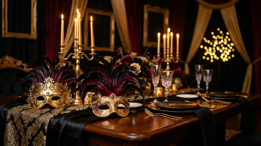 Decoração de festa de 15 anos com tema baile de máscaras veneziano em dourado e bordô