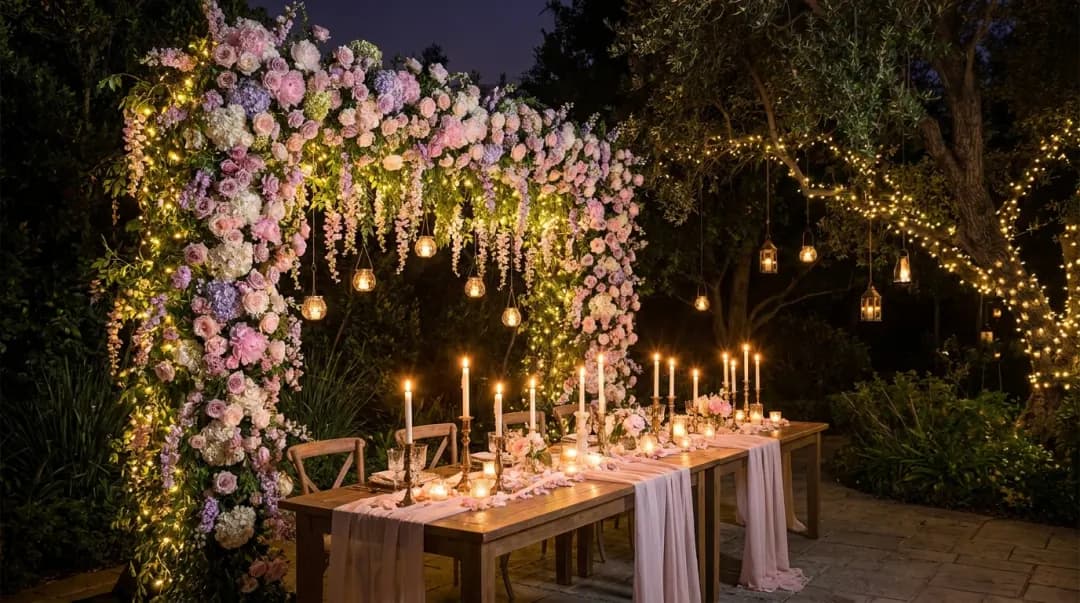 Decoração noturna de festa de 15 anos com tema jardim encantado: arco floral iluminado por fairy lights e velas