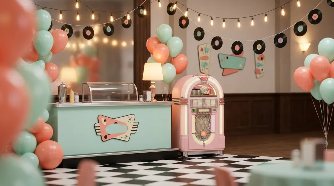 Decoração de festa de 15 anos com tema vintage anos 50: jukebox rosa e vinis