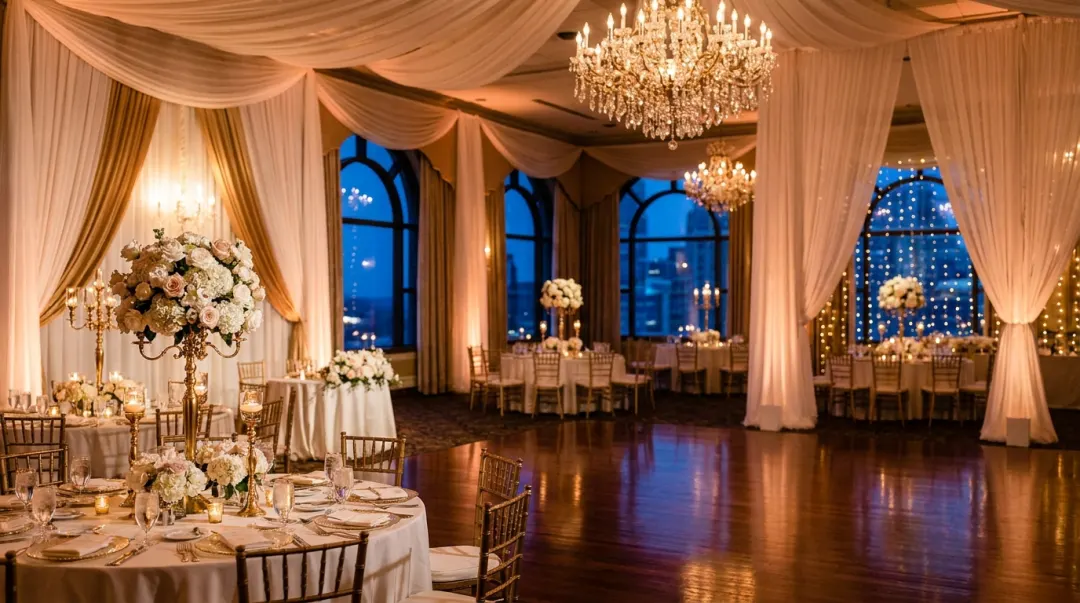 Decoração noturna de festa de 15 anos com tema debutante clássica: salão branco e dourado