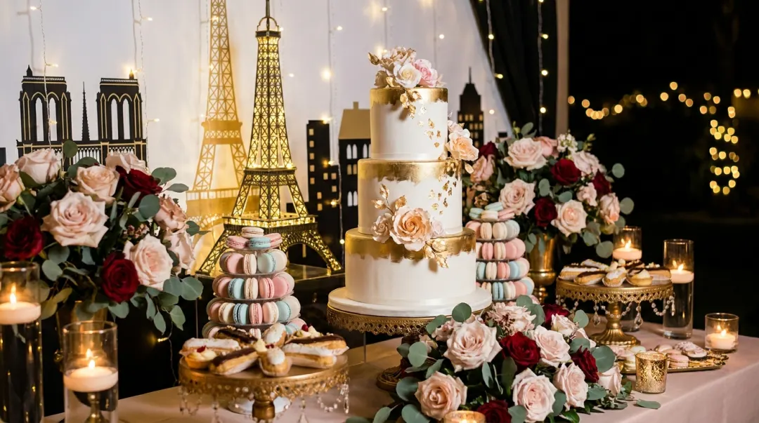 Mesa do bolo de festa de 15 anos com tema Paris: bolo, macarons e Torre Eiffel iluminada