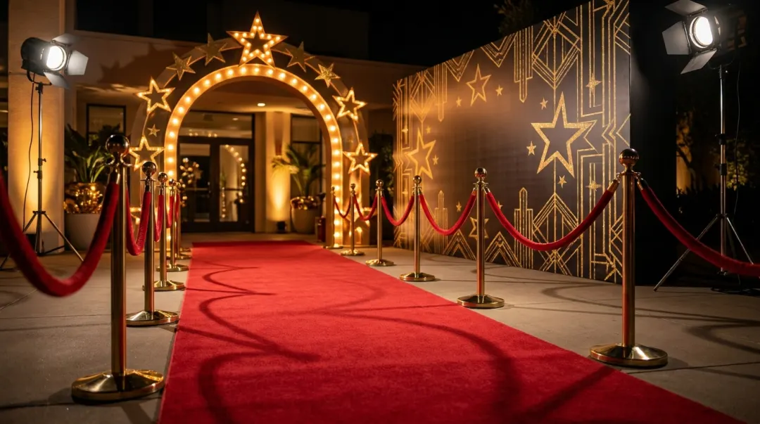 Entrada de festa de 15 anos com tema Hollywood: tapete vermelho, arco de estrelas e holofotes
