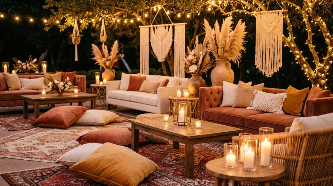 Lounge de festa de 15 anos com tema boho chic: sofás, almofadas, macramê e pampas à luz de velas