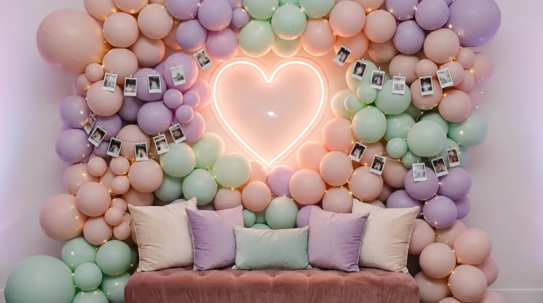 Parede instagramável de festa de 15 anos com tema aesthetic: balões pastel, coração neon e polaroids