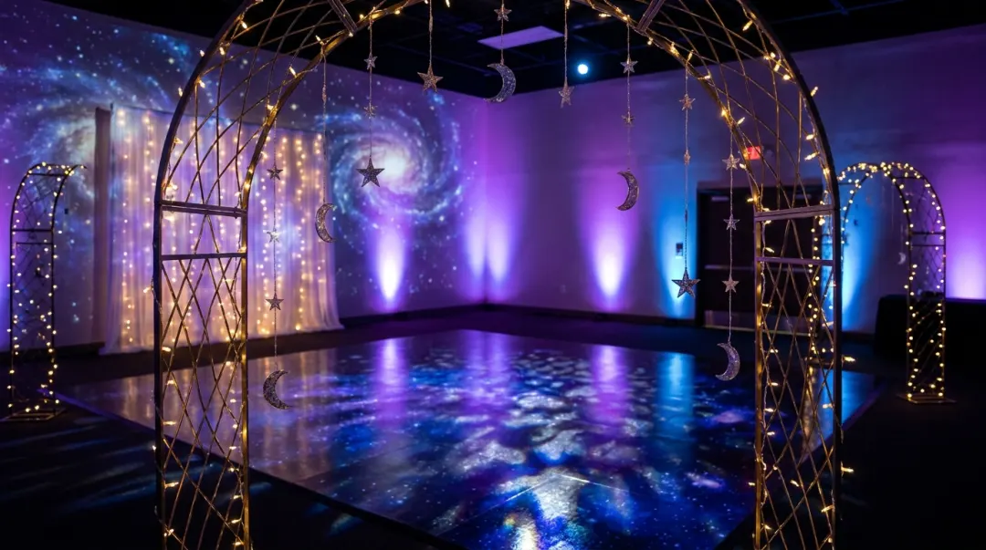 Pista de dança de festa de 15 anos com tema celestial: treliças iluminadas, luas, estrelas e projeção de galáxia