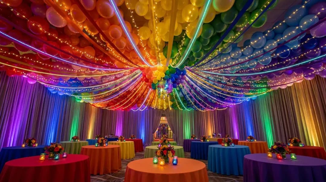 Festa de 15 anos com tema arco-íris: teto de balões coloridos e mesas em cores diferentes