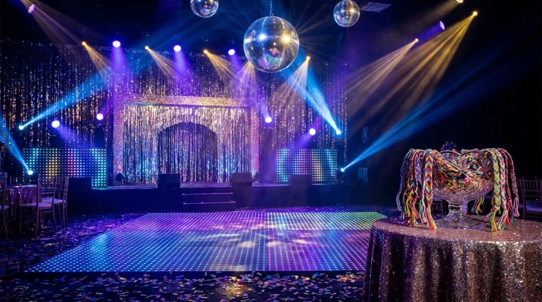 Pista de dança de festa de 15 anos com tema show pop: palco com paetês, globos de espelho e luzes