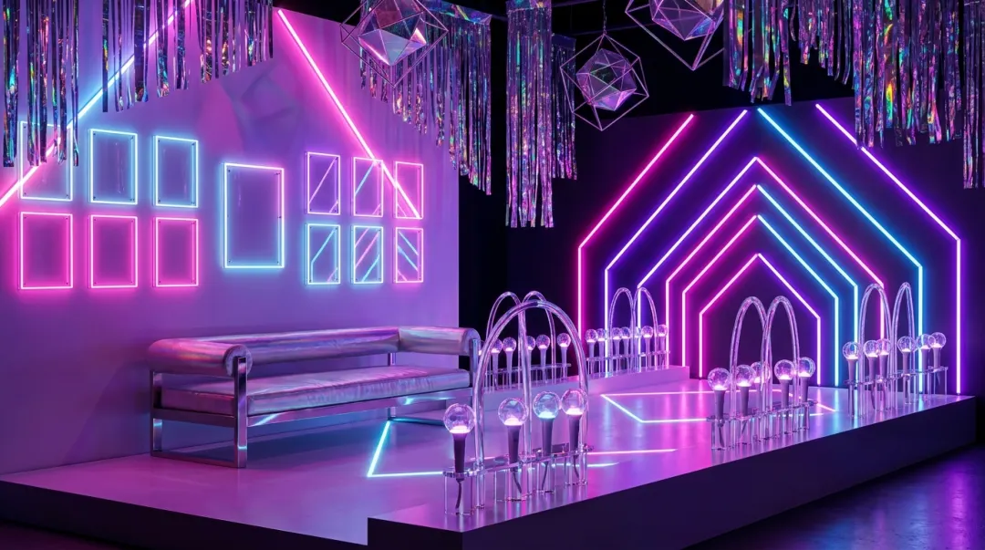 Zona instagramável de festa de 15 anos com tema K-pop: luzes néon, lightsticks e molduras de photocard