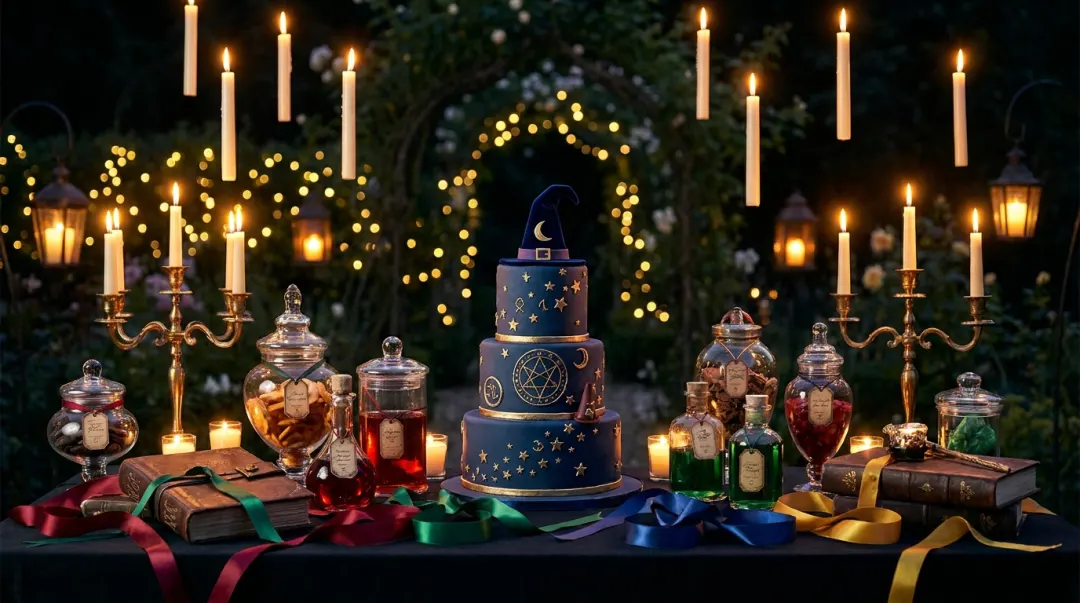 Mesa do bolo de festa de 15 anos com tema mágico: bolo celestial, poções e velas flutuantes