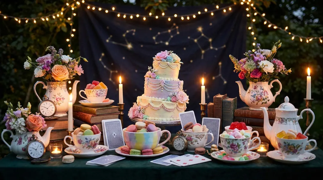 Mesa do bolo de festa de 15 anos com tema País das Maravilhas: bolo, xícaras gigantes, relógios e cartas