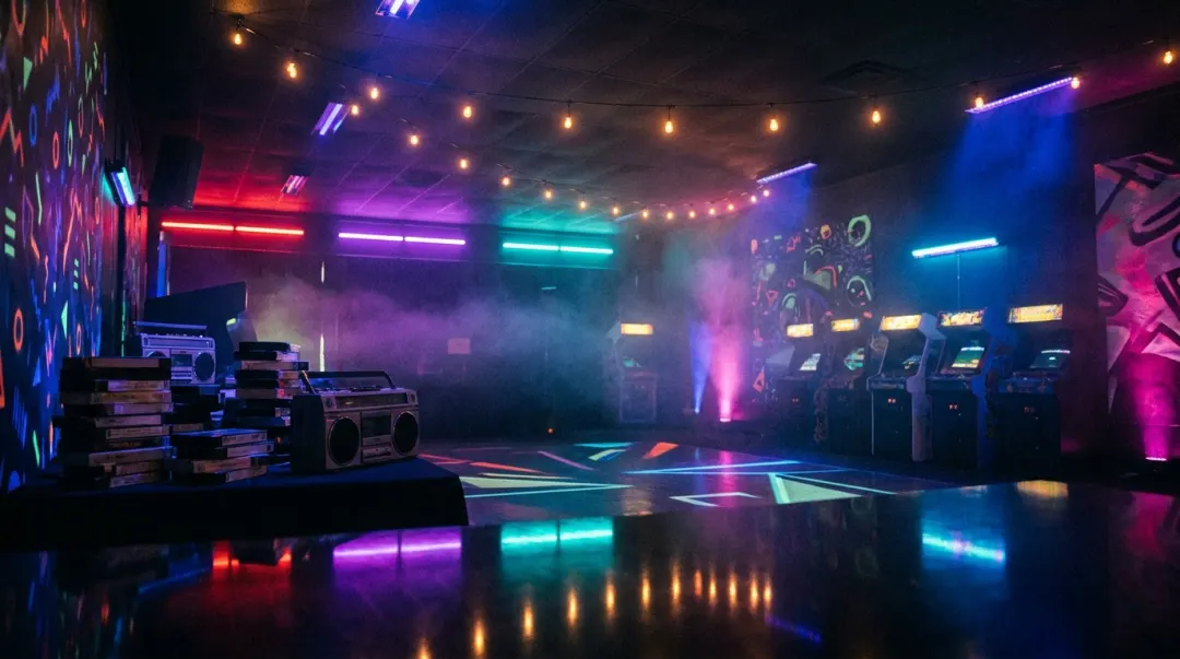 Pista de dança de festa de 15 anos com tema anos 80: fliperamas, néon e blacklight