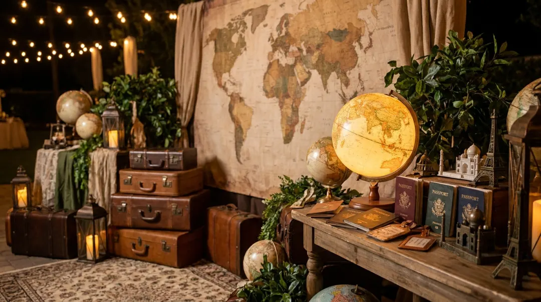 Entrada de festa de 15 anos com tema viagem: malas vintage, mapa-múndi e globos iluminados