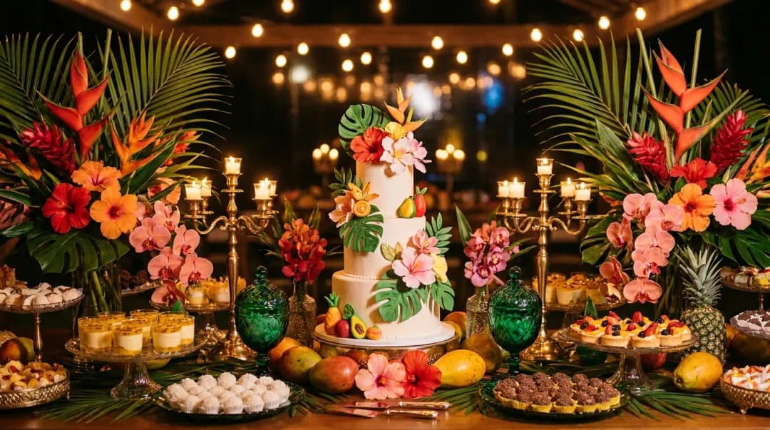 Mesa do bolo de festa de 15 anos com tema brasil tropical: bolo com flores tropicais e frutas