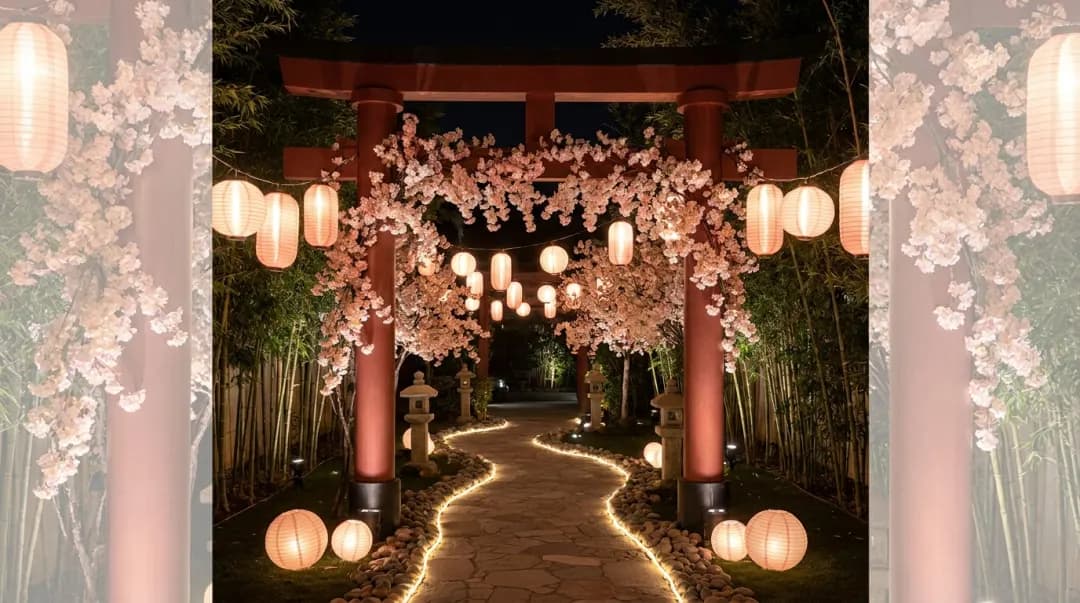 Entrada de festa de 15 anos com tema Japão: portal torii com sakura e lanternas de papel