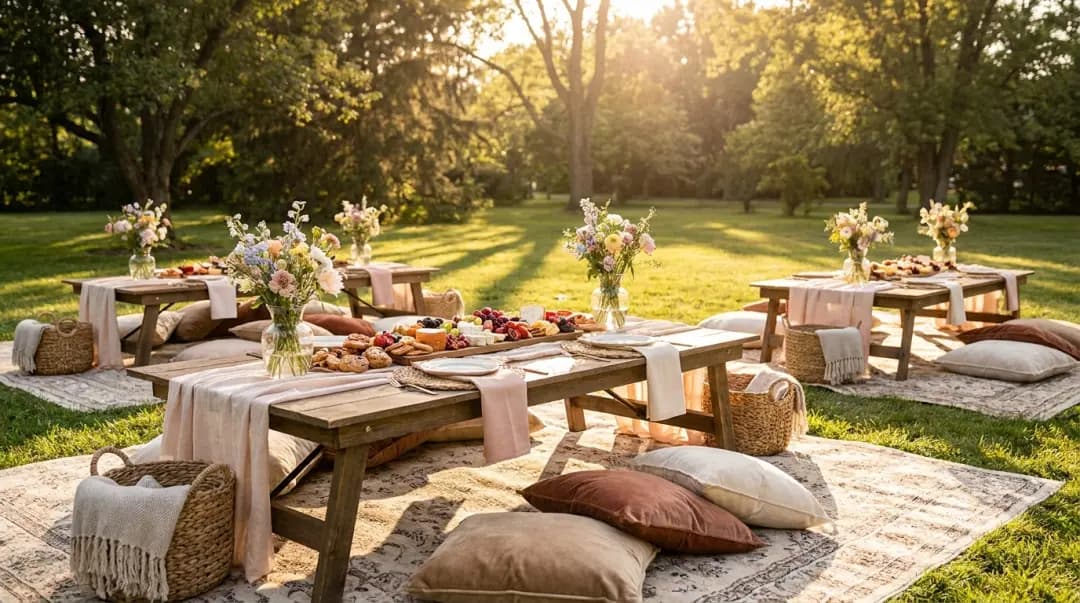 Lounge ao ar livre de festa de 15 anos com tema piquenique luxo: mesas baixas, almofadas e flores silvestres