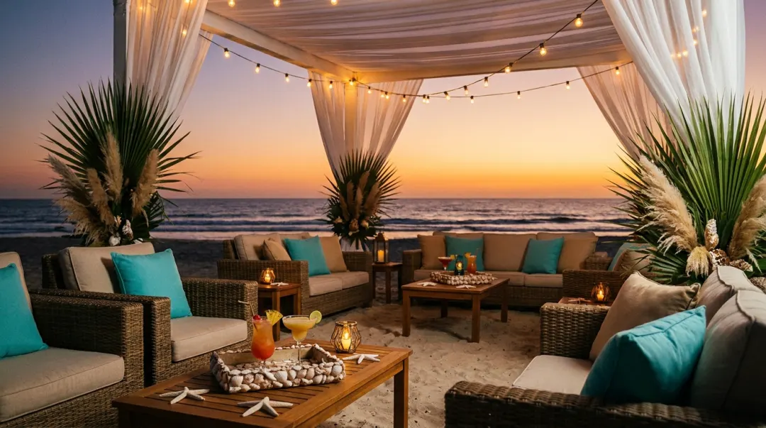 Lounge de festa de 15 anos com tema praia ao pôr do sol: ratan, almofadas turquesa e conchas