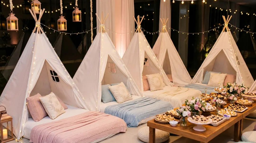 Área de festa de 15 anos com tema festa do pijama luxo: tendas teepee, almofadas e luzinhas