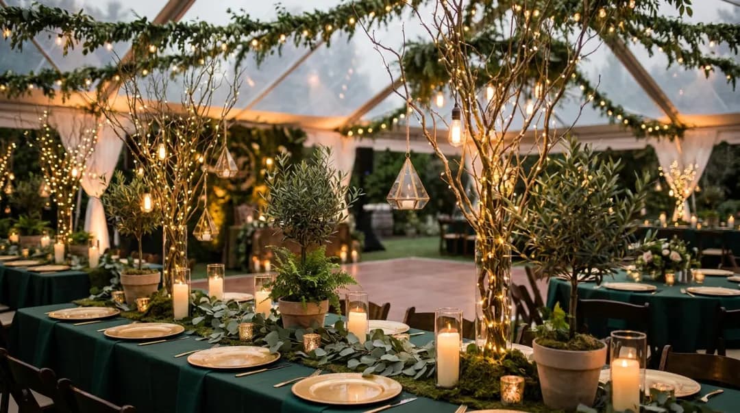 Decoração de festa de 15 anos com tema bosque encantado: galhos com fairy lights, folhagens e lanternas