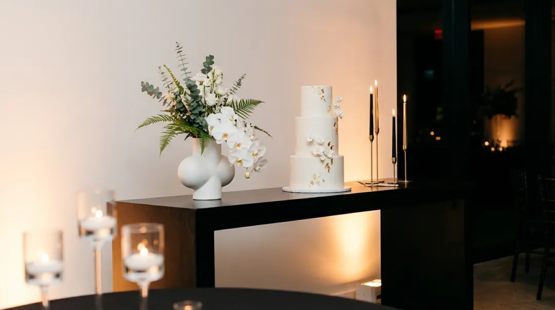 Mesa do bolo de festa de 15 anos com tema minimalista: bolo branco com folha de ouro e arranjo de orquídeas