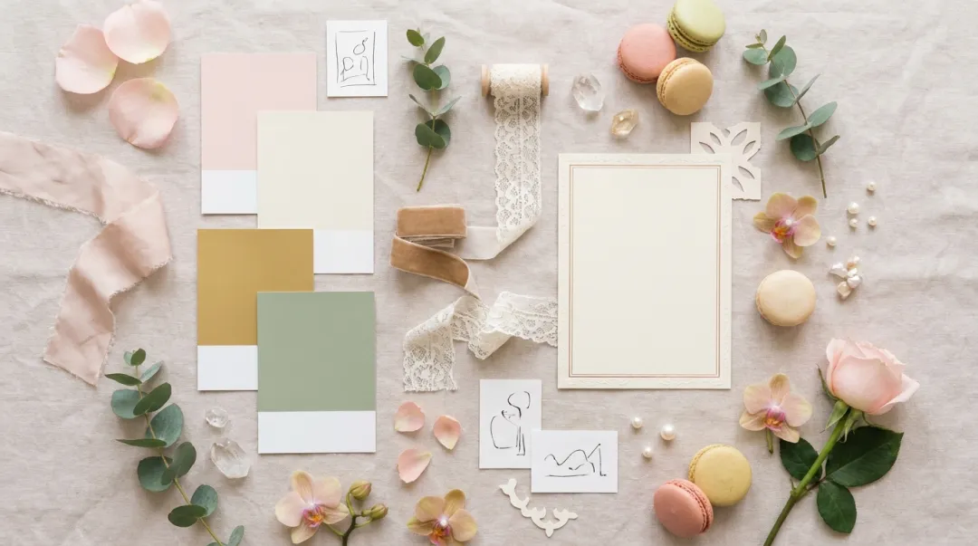 Mood board de planejamento de festa de 15 anos personalizada: cartelas de cor, tecidos, flores e convite