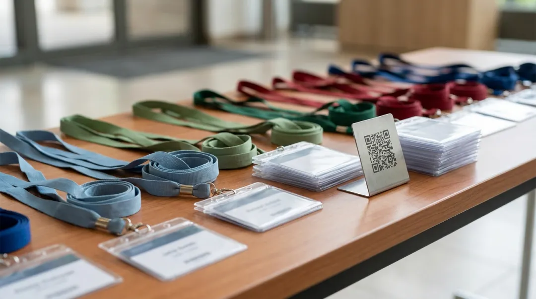 Mesa de credenciamento com crachás e fichas de identificação dispostos para retirada na entrada de um evento acadêmico