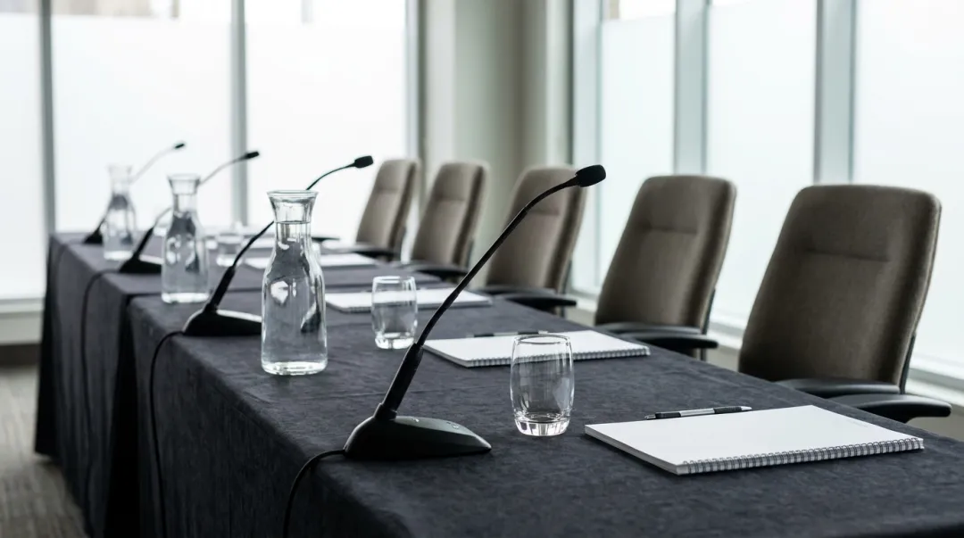 Mesa de debate de um congresso acadêmico com cadeiras enfileiradas, microfones e copos de água, vista de cima